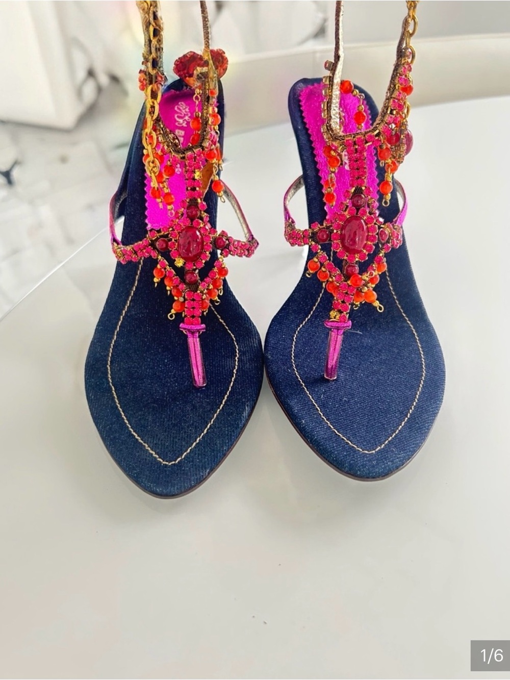 Bronx Embellished Denim Thong Sandals in Pink and Coral